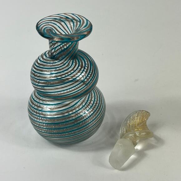 Venetian Murano Perfume Bottle Blue Gold Mouth Blown Fine Art Glass Handblown - Picture 5 of 13